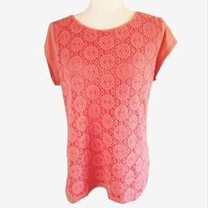 Liz Claiborne Top Cap Sleeve Coral Pink Front with Lace Overlay Petite Large